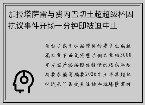 加拉塔萨雷与费内巴切土超超级杯因抗议事件开场一分钟即被迫中止