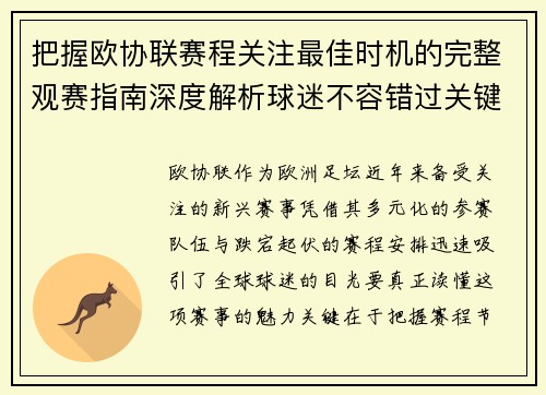 把握欧协联赛程关注最佳时机的完整观赛指南深度解析球迷不容错过关键阶段